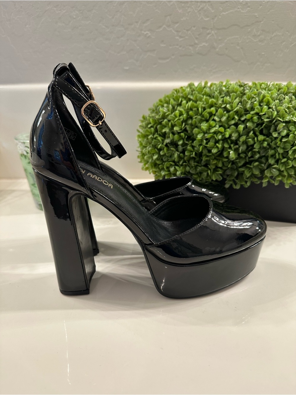 Black Patent Platform Mary Jane Heels with Ankle Strap